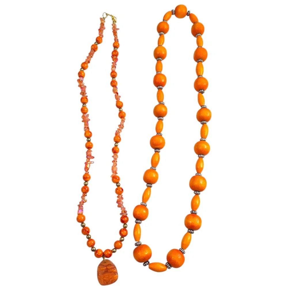 Chunky Statement Orange Necklace Set Carved Animal Pendant Wood Glass Boho Bold - Picture 2 of 7